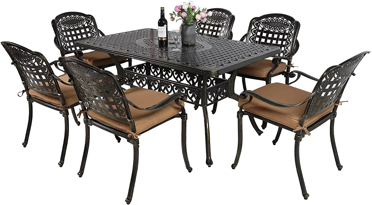 VIVIJASON 7-Piece Patio Furniture Dining Set, All-Weather Cast Aluminum Outdoor Conversation Set, Include 6 Cushioned Chairs and a Rectangle Table with Umbrella Hole for Balcony Lawn Garden Backyard