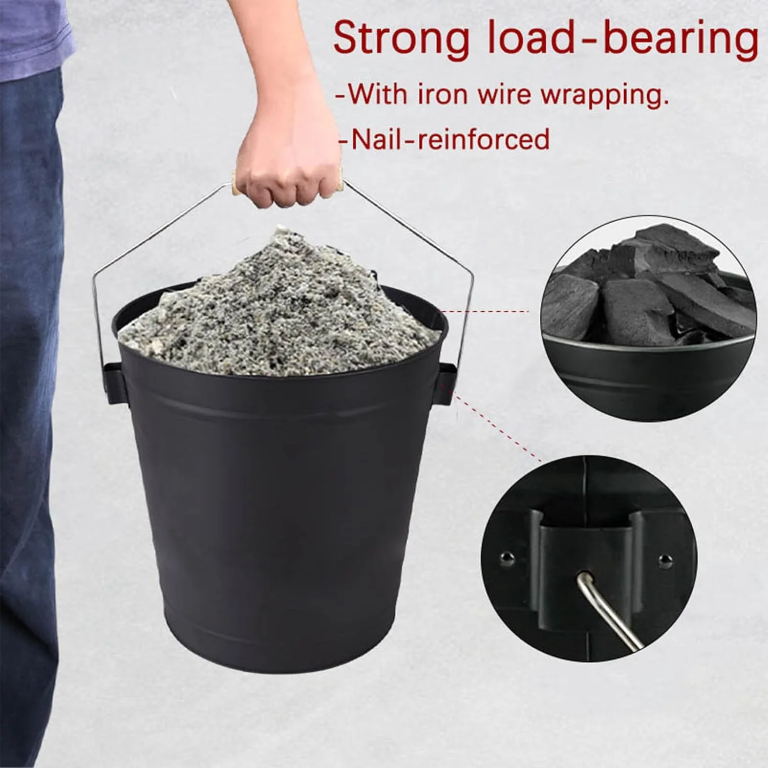 Ash Bucket With Lid And Shovel, Hand Broom And Gloves, 5.2 Gallon Large Metal Ash Bucket For Fireplace Tools Set, Fire Pits, Wood Burning Stoves, Indoor And Outdoor, Camping, Grill, Black