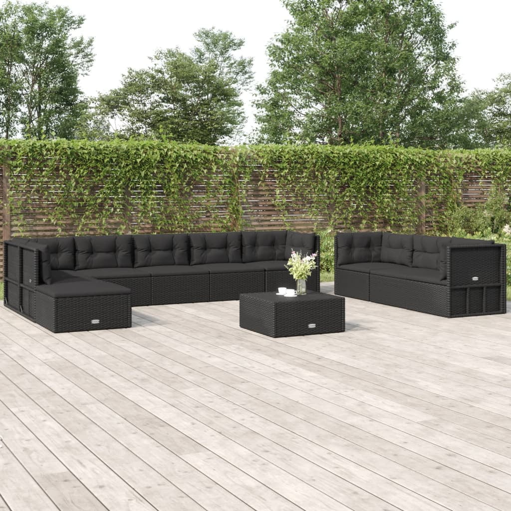 Walmeck 10 Piece Patio Set with Cushions Black Poly Rattan
