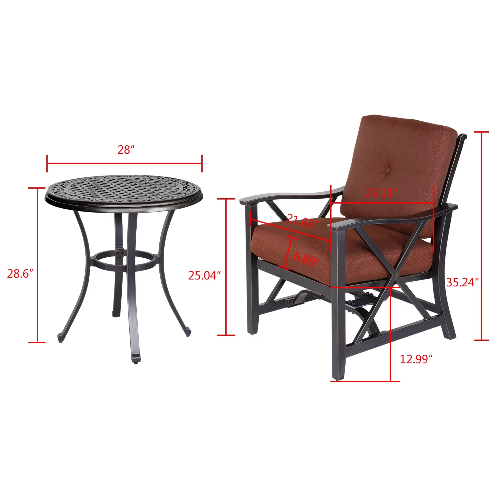 3 Piece Bistro Set Haywood KD Aluminum X Back Stationary Spring Chairs Rustproof 2 PCS Patio Chairs with Cushions & 28