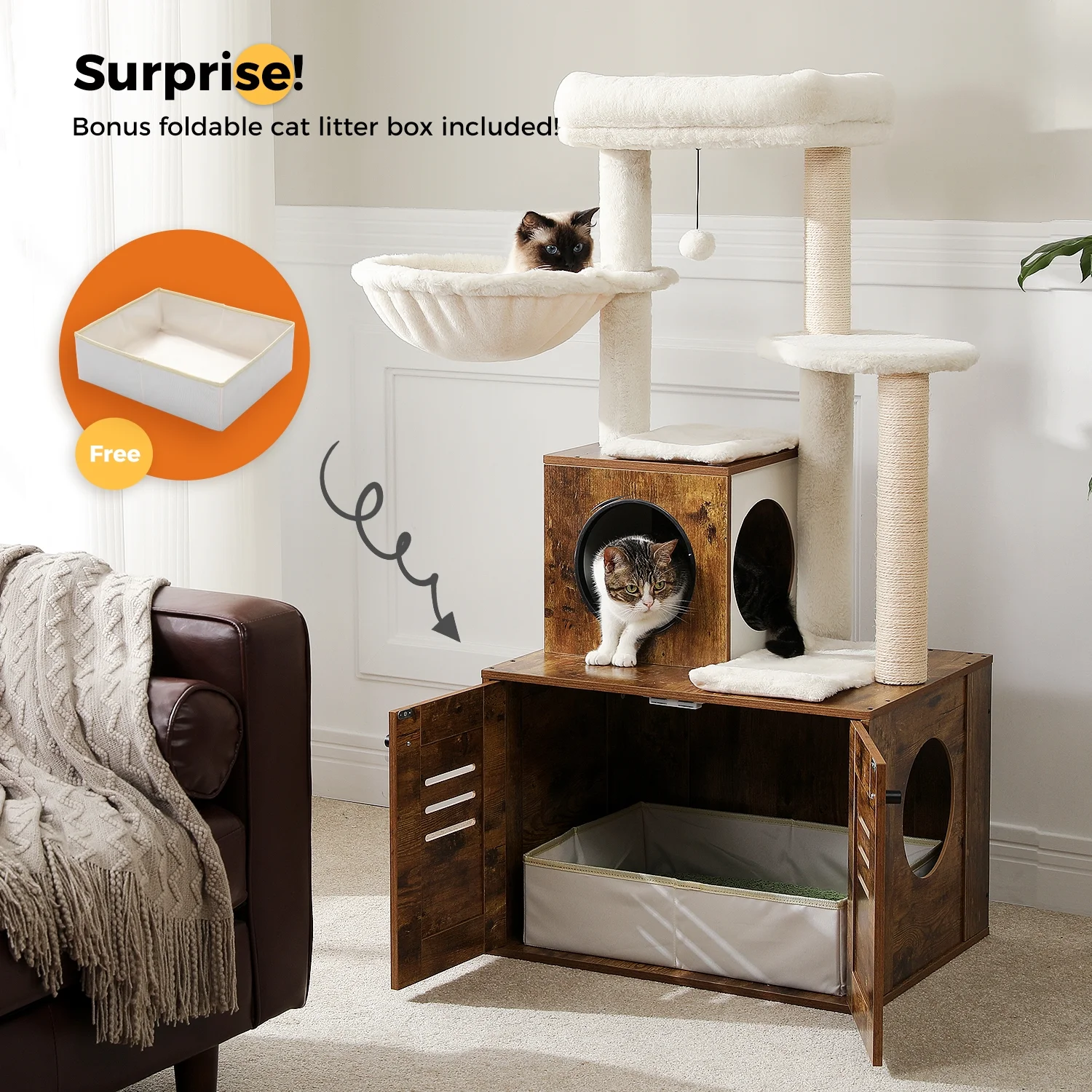 ZephyPaws Cat Tree with Litter Box Enclosure, 50