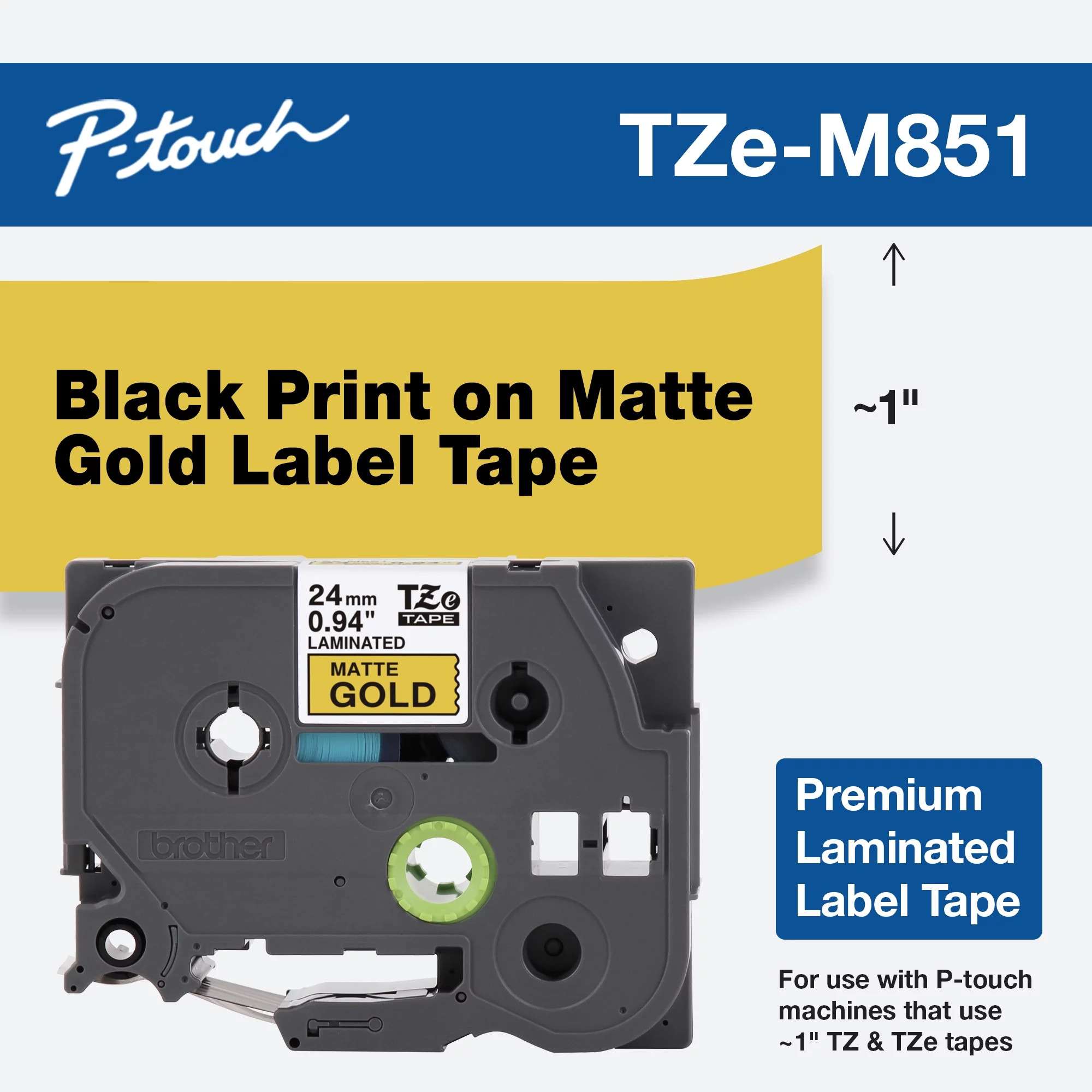 Remanufactured Brother P-touch TZe-M851 Black Print on Premium Matte Gold Laminated Tape