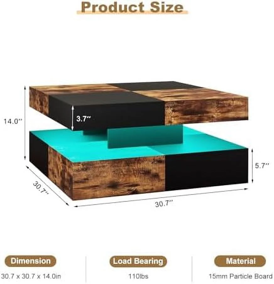 xrboomlife Black LED Coffee Table for Living Room  Wood Square 2-Tier  Modern Center Table  Glossy Contemporary Coffee Table with 16-Color LED Light  Cocktail Tea Table for Home Office Re
