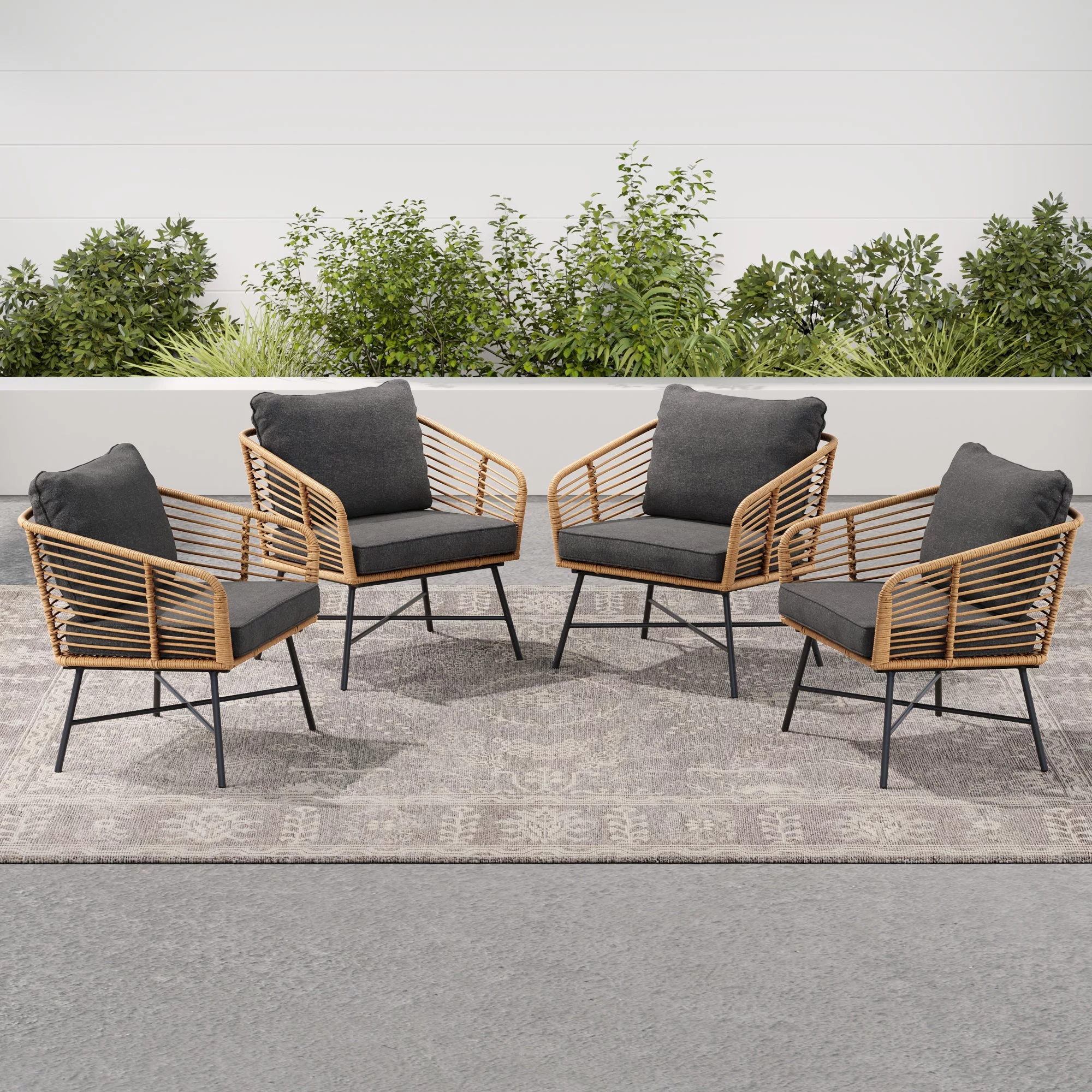 Nathan James Flow Bohemian Rattan Wicker Chair, Upholstered Outdoor Chair Set for Patio or Porch, Set of 4, Rattan/Dark Gray