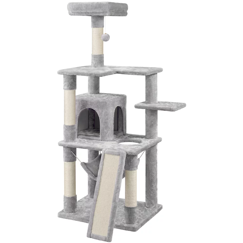 Topeakmart 60.5-in Multilevel Cat Tree Condo Scratching Posts with Hammock Top Perch, Light Gray