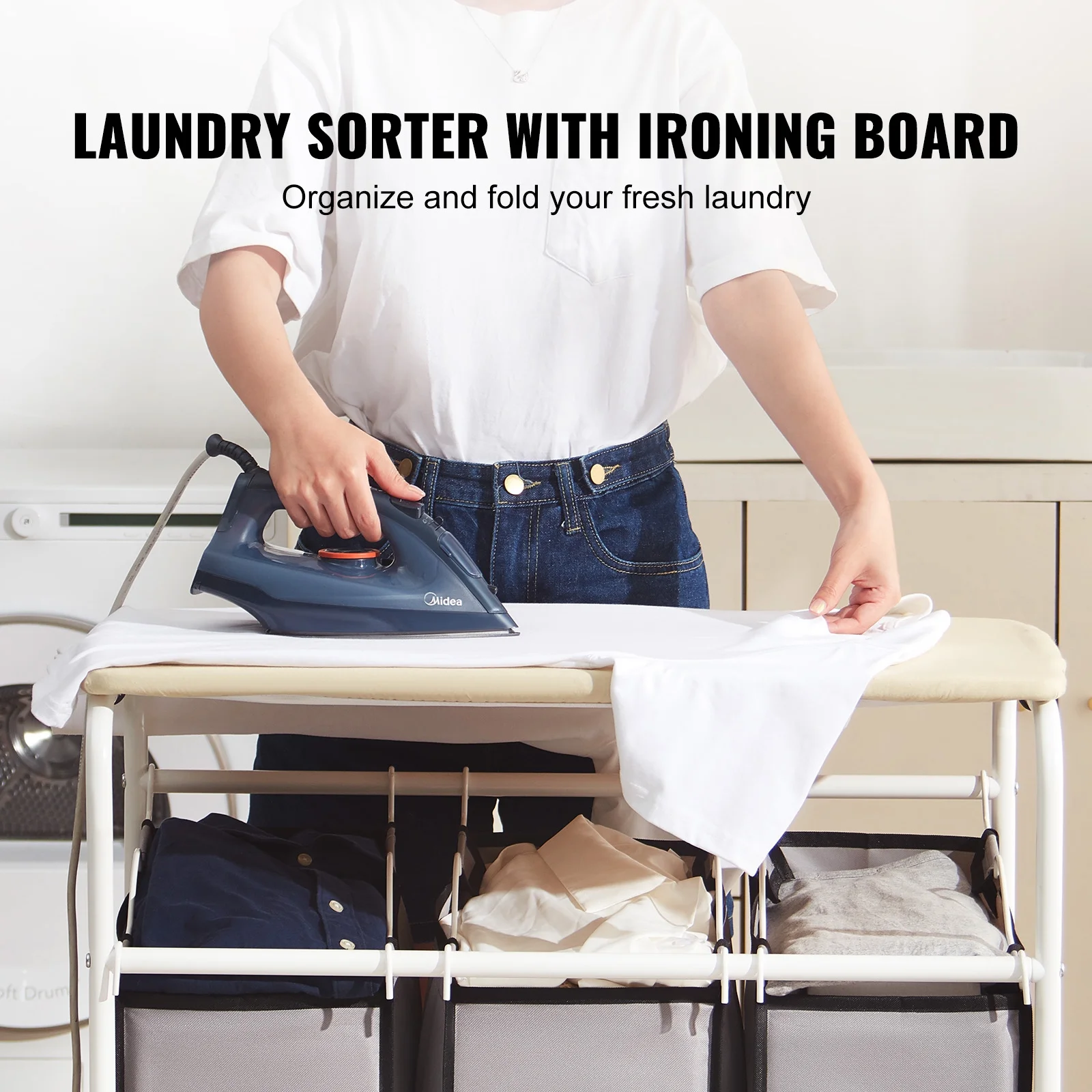 SKYSHALO 3-Section Laundry Sorter Cart Rolling with Ironing Board & Removable Bags