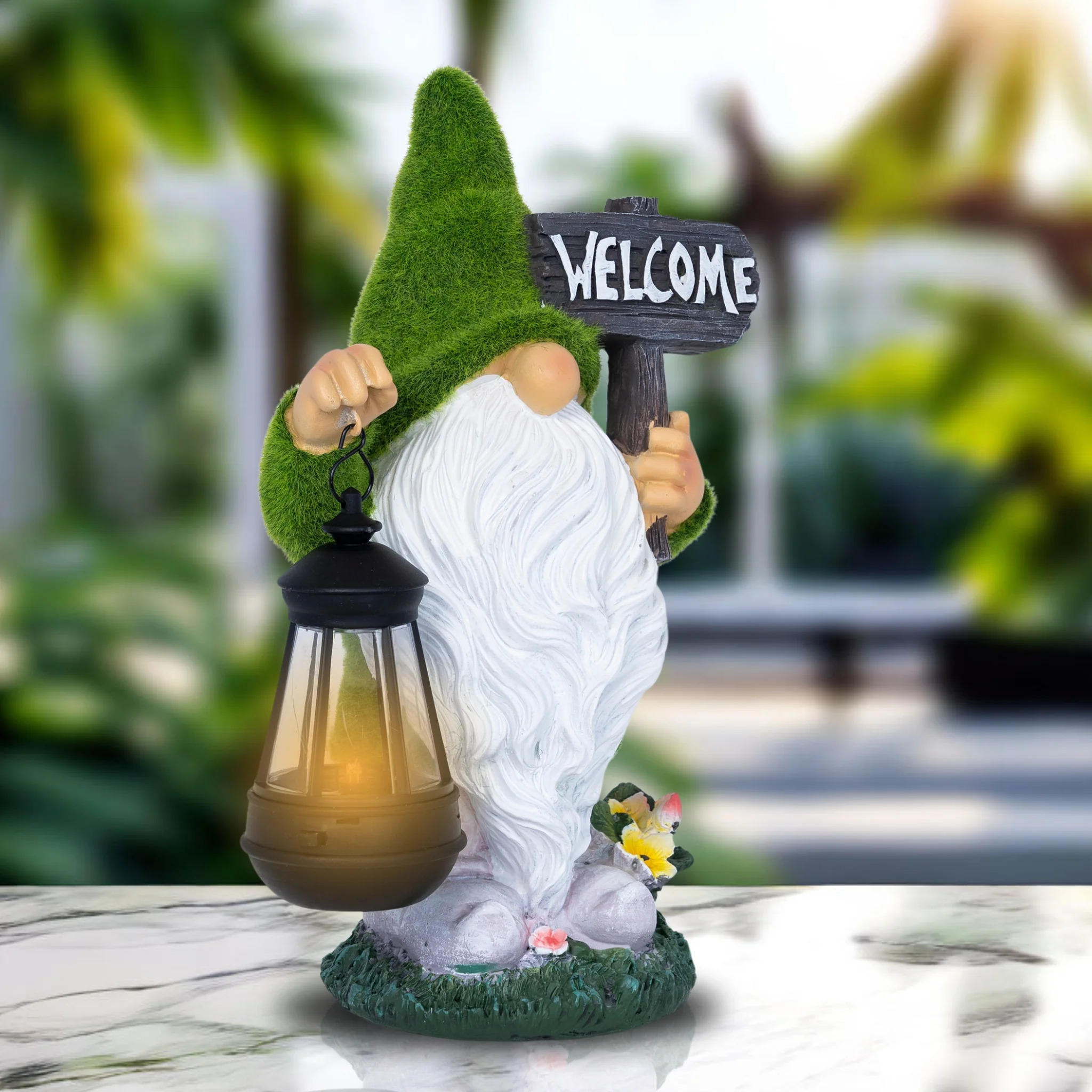 Welcome Gnome with Solar Powered Garden Lamp, Green White, Polyresin Lawn Gnome Statue, Patio Statue 13 inch 33 cm