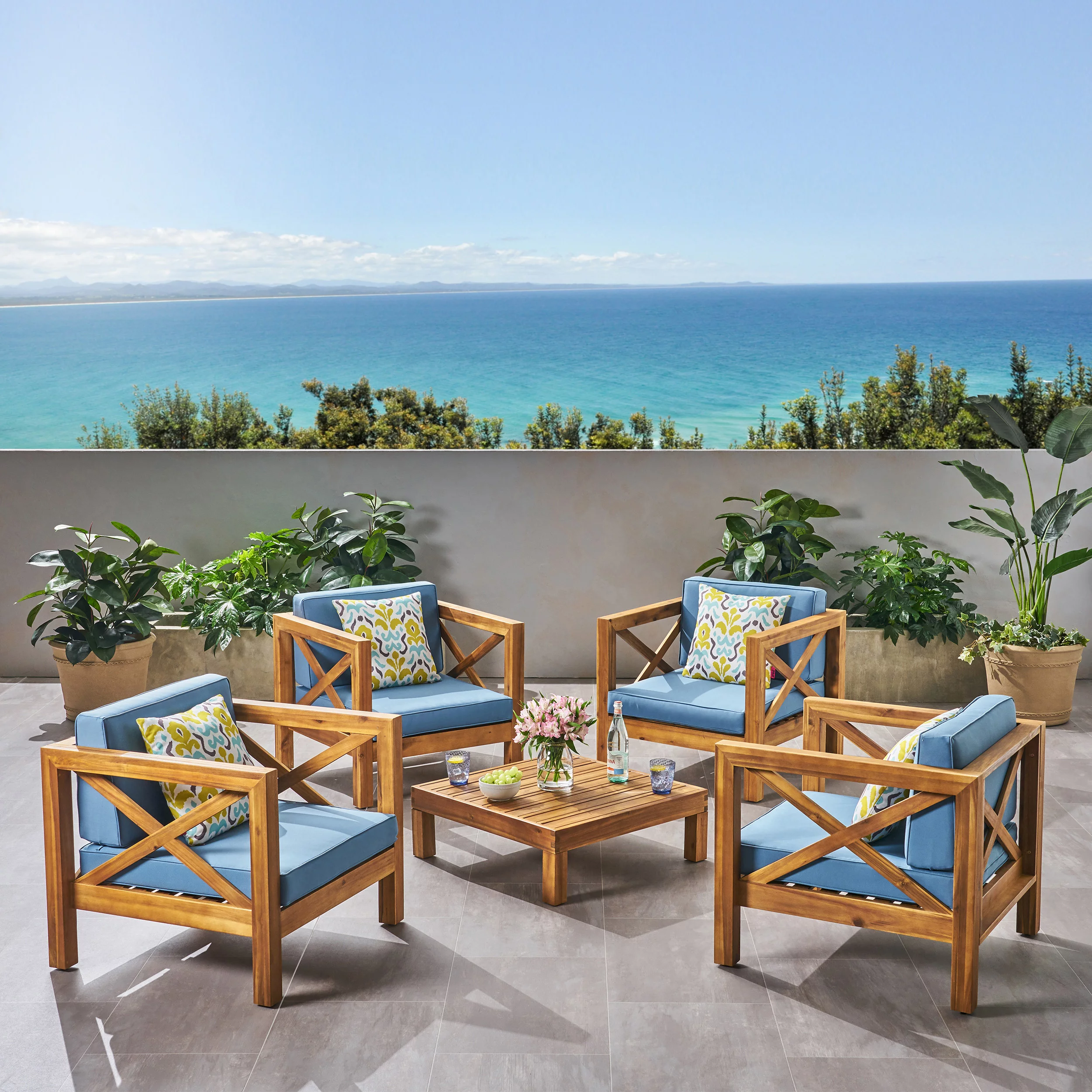 GDF Studio Keith Outdoor Acacia Wood 4 Seater Club Chair Chat Set with Cushions, Teak and Blue