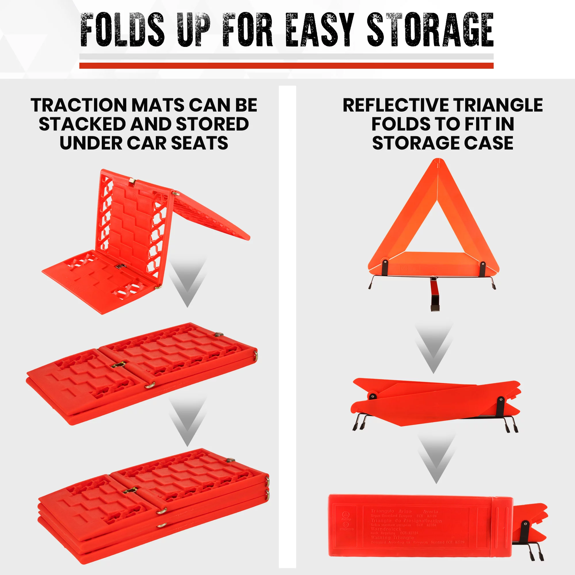 Oskar 3 Piece Emergency Kit, Red, Vehicle Roadside Assistance Set with Folding Tire Traction Mats and Reflective Warning Triangle for Accidents, Snow, Ice, Slush, Mud, Sand, Car, SUV, Truck