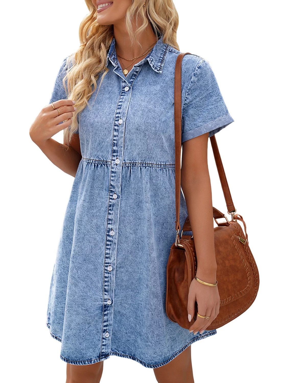 LookbookStore Women s Babydoll Tiered Short Sleeve Denim Dress Button Down Tunic Dress Size XL Size 16 Size 18
