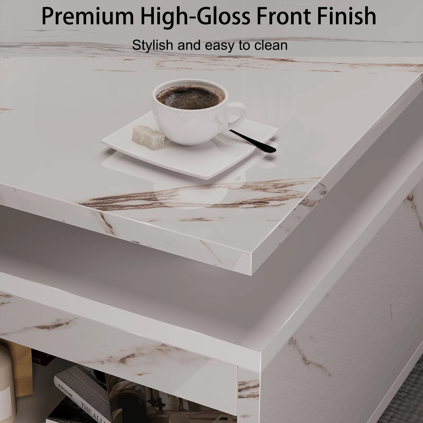 Buenhomino White LED Coffee Table for Living Room, Modern High Glossy Center Table with Wireless Charging and Bluetooth Speaker, Smart Cocktail Table Rectangle, Sofa Side Tea Tables with LED Lights