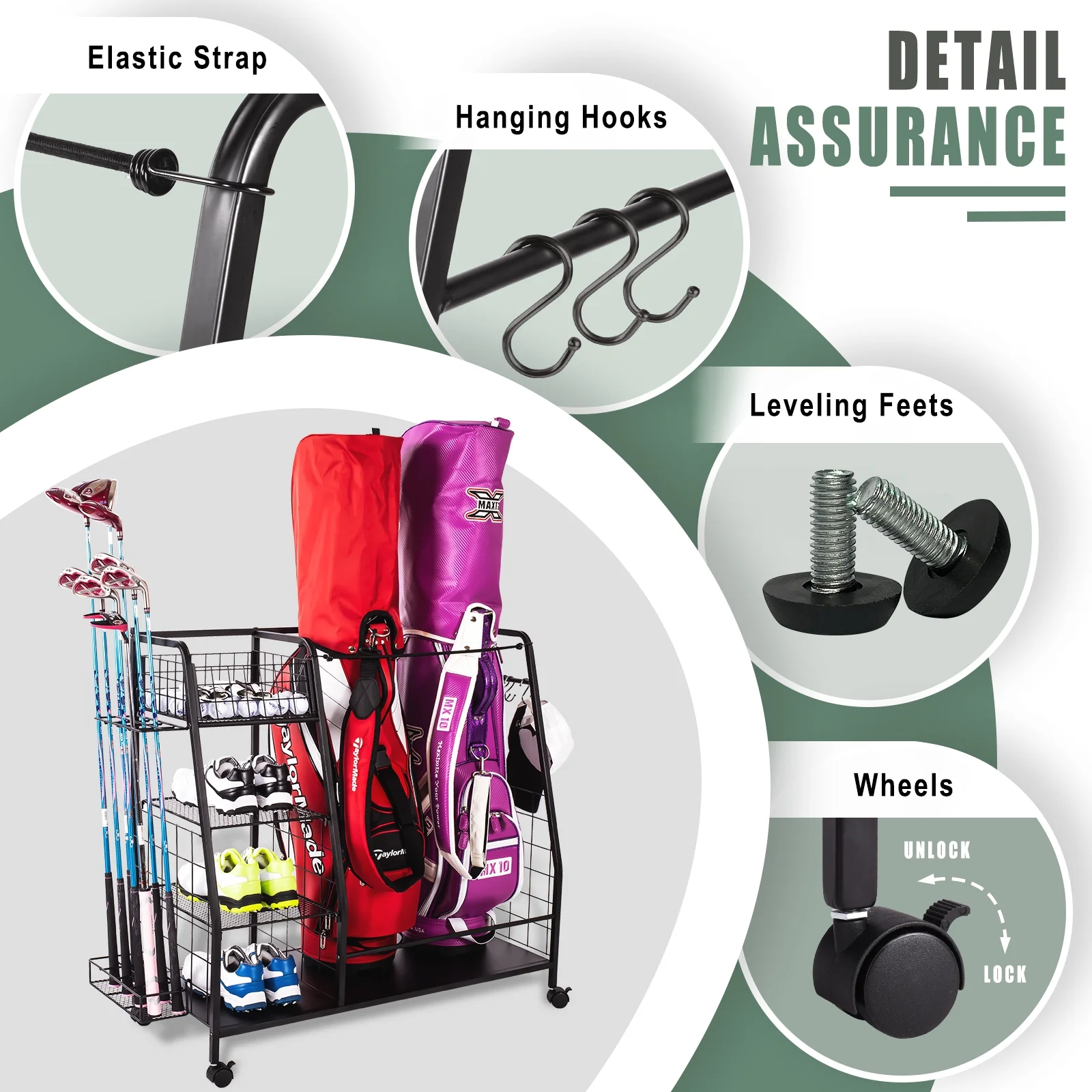 Golf Storage Rack - Garage Organizer with Side Golf Clubs Holder - Extra Large Golf Bag Stand for 2 Golf Bags - Golf Accessories Organizer with Wheels and Leveling Feet - Easy Assemble