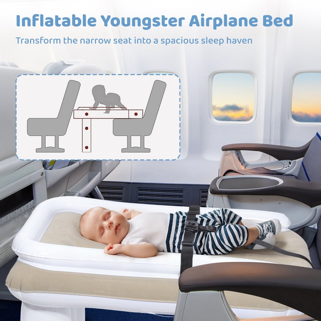 Youngster Airplane Bed, Inflatable Travel Bed for Little Ones, Comfortable Flocking Mattress, Blow Up Air Mattress with Safety Belt & Pump for Car Airplane Train Seats