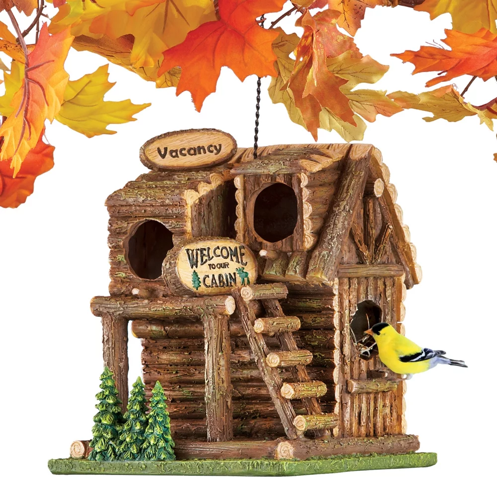 Collections Etc Hanging Northwoods Log Cabin Birdhouse with Chain and Hook - Hand Painted Birdhouse with Three Bird Entry Holes and Back Access Door for Easy Cleaning