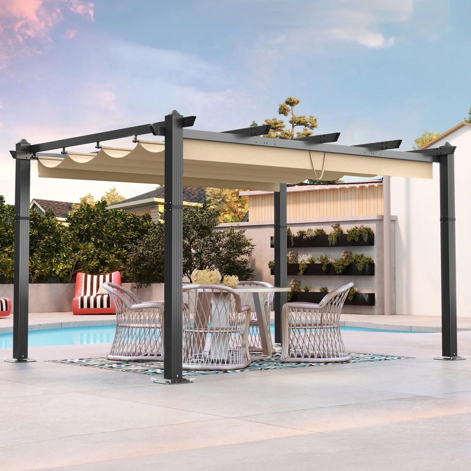 Dextrus 10x13ft Outdoor Aluminum Pergola, Retractable Pergola Canopy Shelter Grape Trellis With Sunshade,Brown Curtain