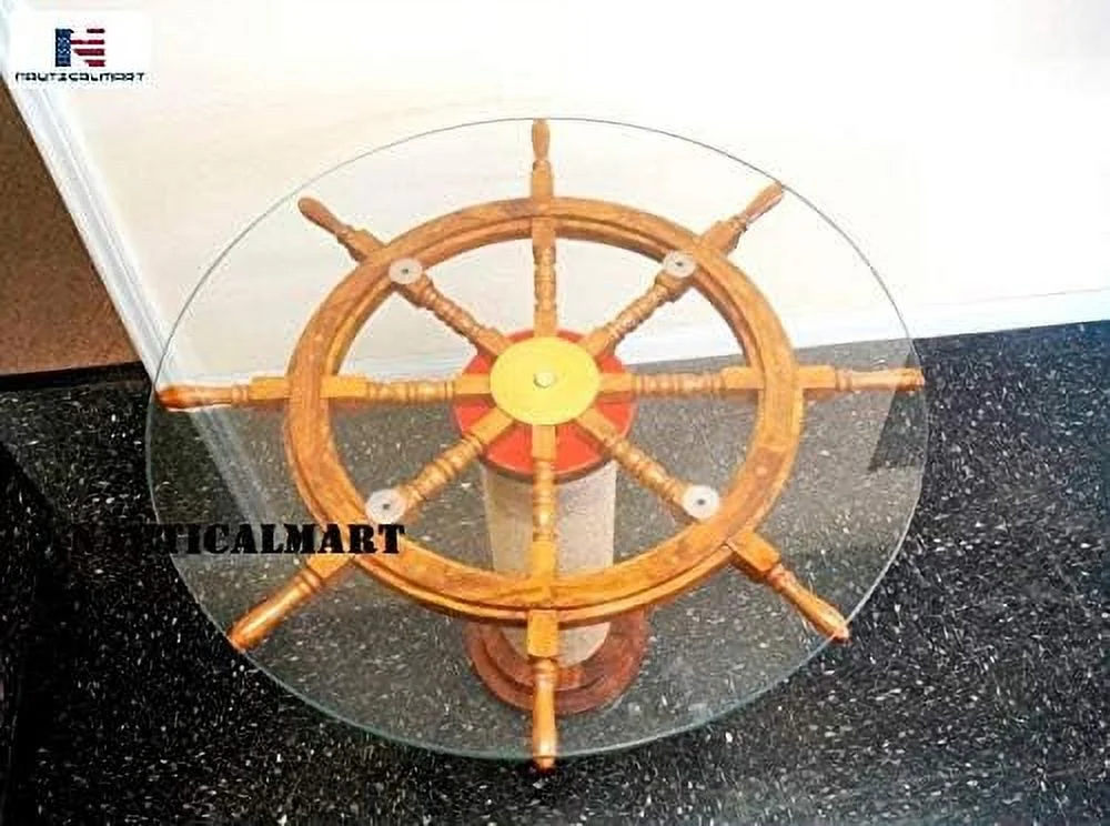 Authentic Wood Crafted Coffee Table with Thick Glass Top | Maritime Ship Wheel Tables with Rope Pillar (30 Inches)