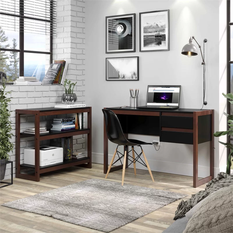 Linon Brock Wood Two Drawer Desk in Black and Walnut
