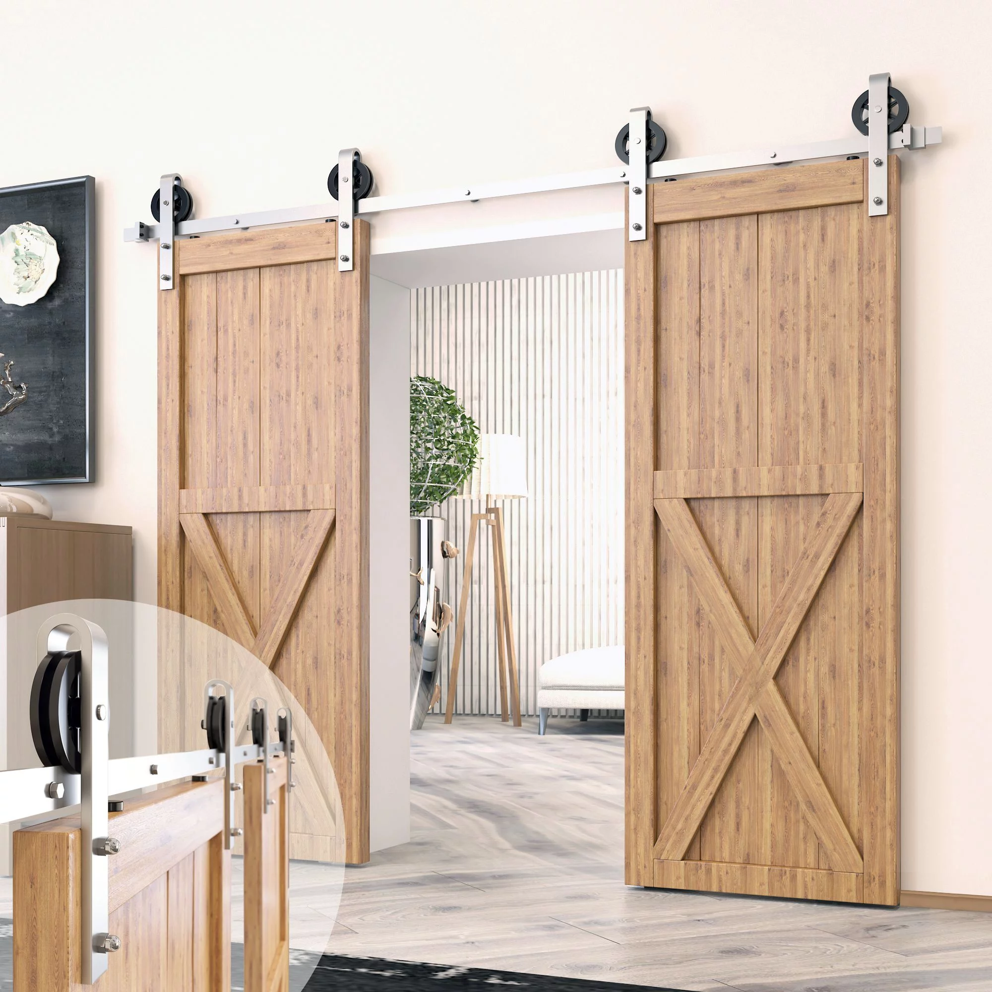 Homacer Brushed Nickel Sliding Barn Door Hardware Kit, for Two/Double Doors, 6.6ft Long Flat Track, Spoke Wheel Design Roller, Heavy Duty, for Interior & Exterior Use