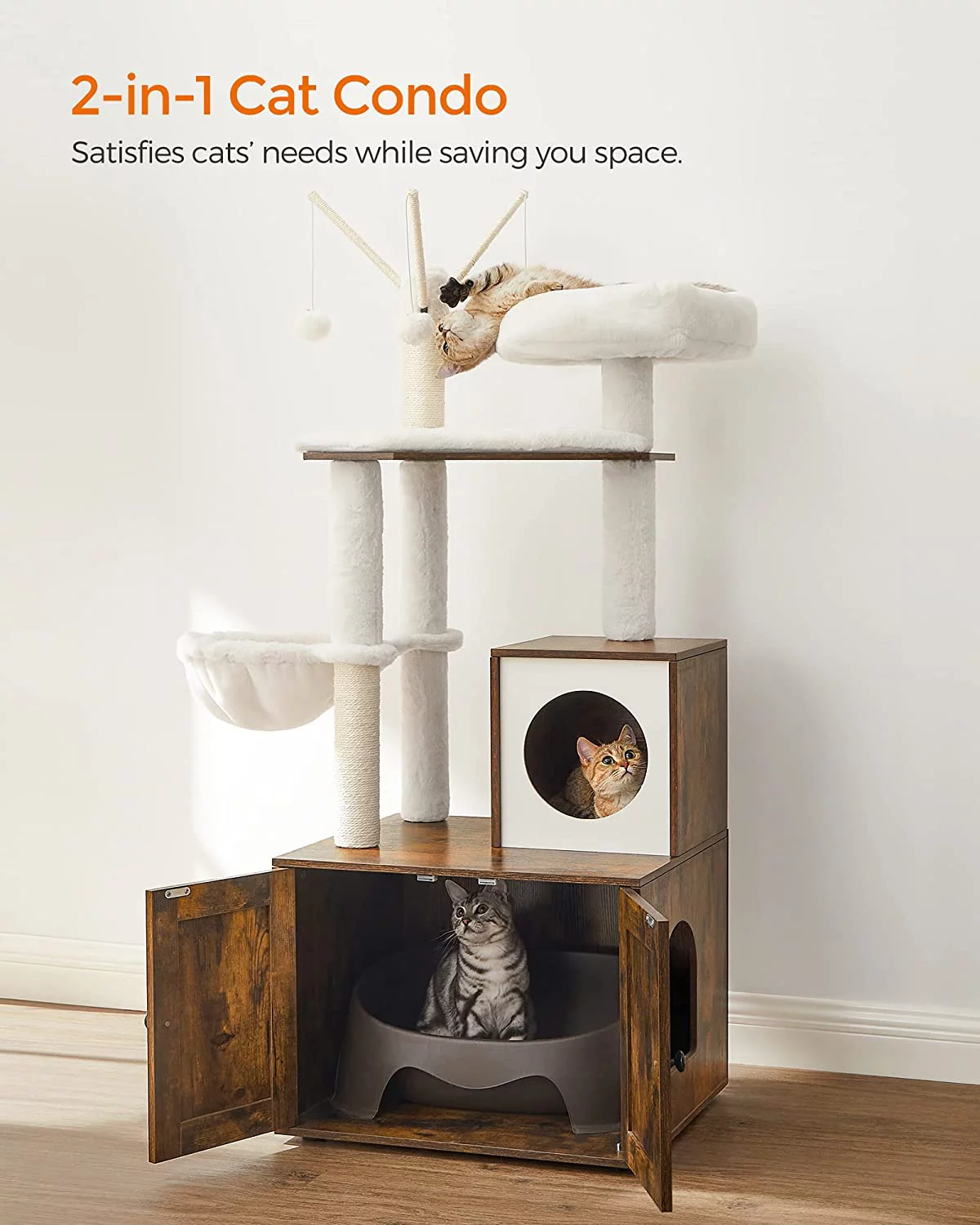 WoodyWonders Cat Tree with Litter Box Enclosure, 2-in-1 Modern Tower, Furniture Hidden, Cat Condo with Scratching Posts, Removable Pompom Sticks, Rustic Brown UPCT113X01
