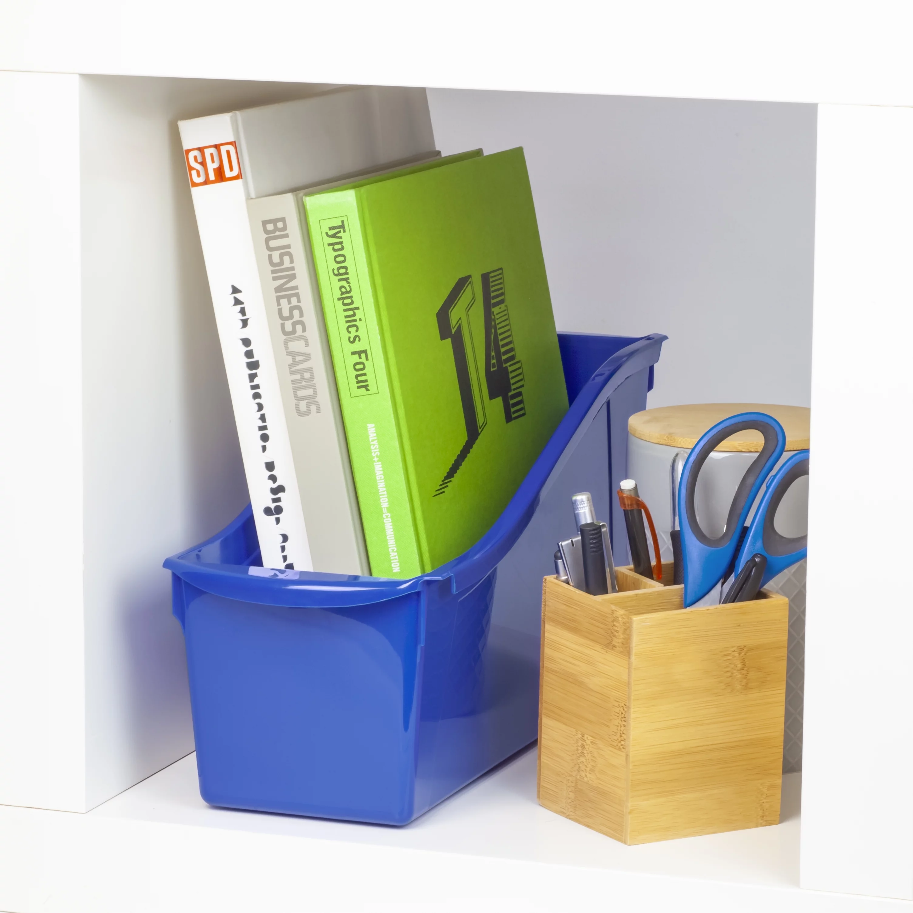 Pen+Gear Plastic Desktop Book Organzer Bin with Label Pocket, Really Royal, 6-Pack