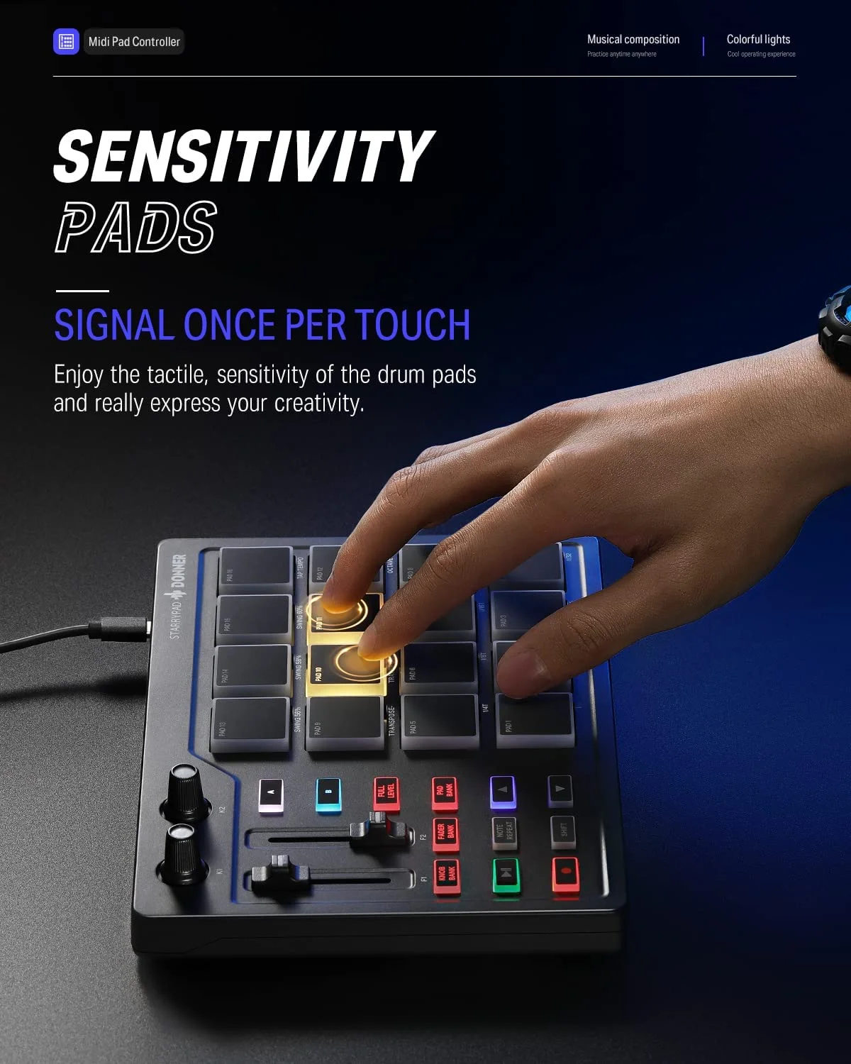 Donner MIDI Pad Beat Maker Machine Professional, Drum Machine with 16 Beat Pads, 2 Assignable Fader & Knobs and Music Production Software, USB MIDI Controller with 40 Free Courses, STARRYPAD