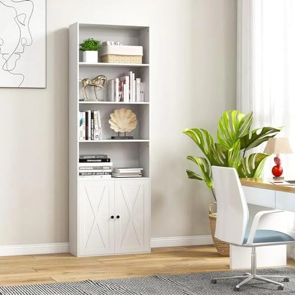 JYHOME Tall Bookcase with Doors  Farmhouse 71" H Freestanding Bookshelf with 6 Shelves & 2-Door Cabinet  Display  with Adjustable  for Living Room Study (White  71")