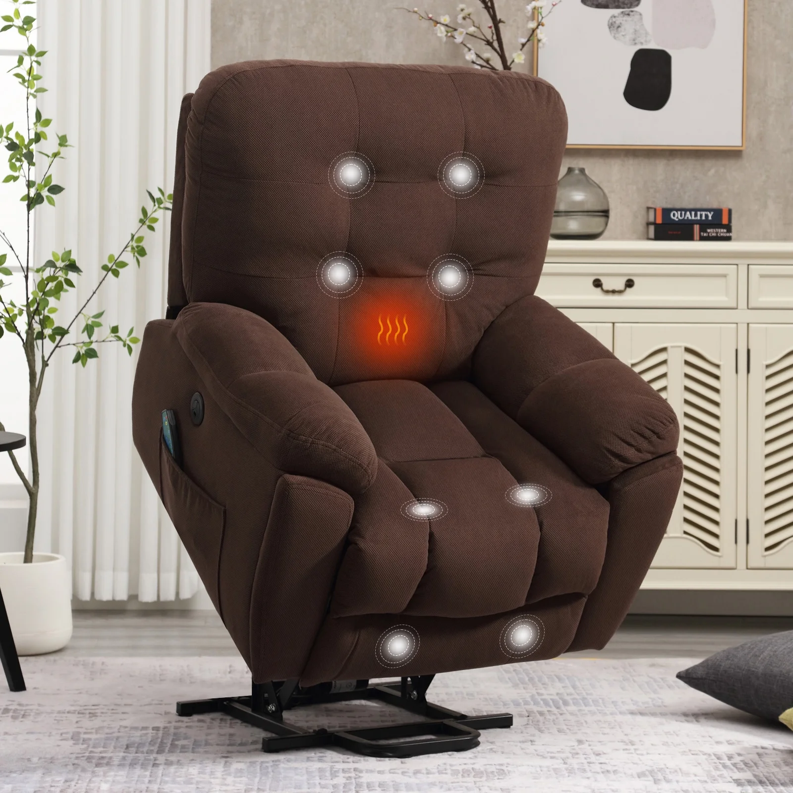 CoSoTower Power Lift Chair with Vibration Massage and Heating Function Recliner Chair with USB Charge Port and 2 Hidden Cup Holders(Brownness)A+B+C
