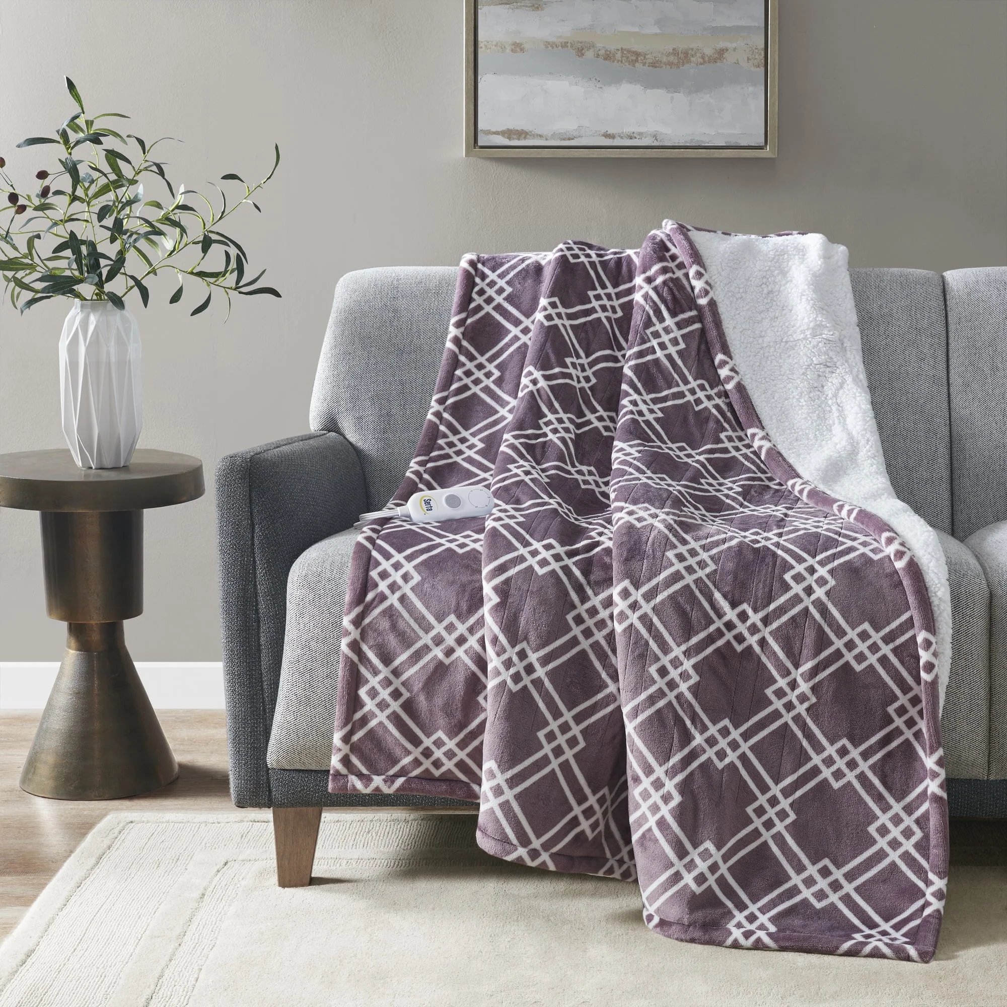 Serta Printed Plush Heated Throw, 50x60 inch, Plum