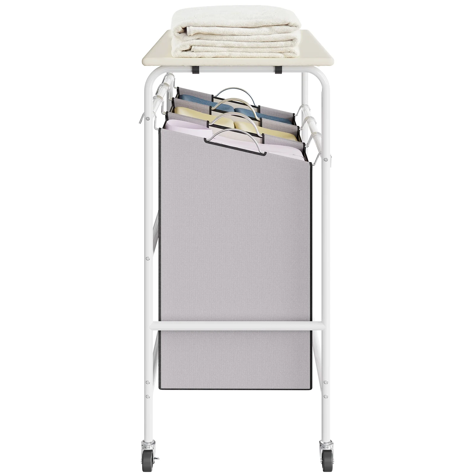 SKYSHALO 3-Section Laundry Sorter Cart Rolling with Ironing Board & Removable Bags