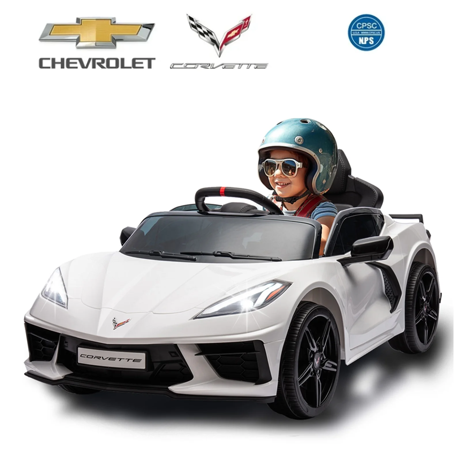 XJD Licensed Chevrolet Corvette C8 12V Kids Electric Ride on Car Toy, Battery Powered Car Truck with Remote Control, Bluetooth, 3 Speeds, LED Headlight, Music Player & Spring Suspension, White