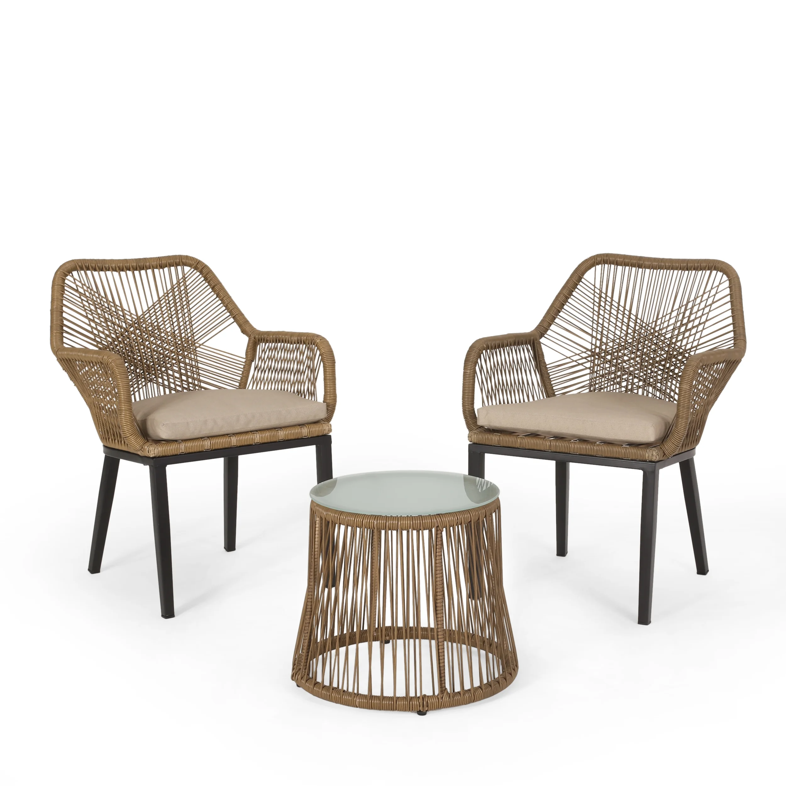 Yantic Wicker Outdoor 2 Seater Chat Set, Light Brown and Beige