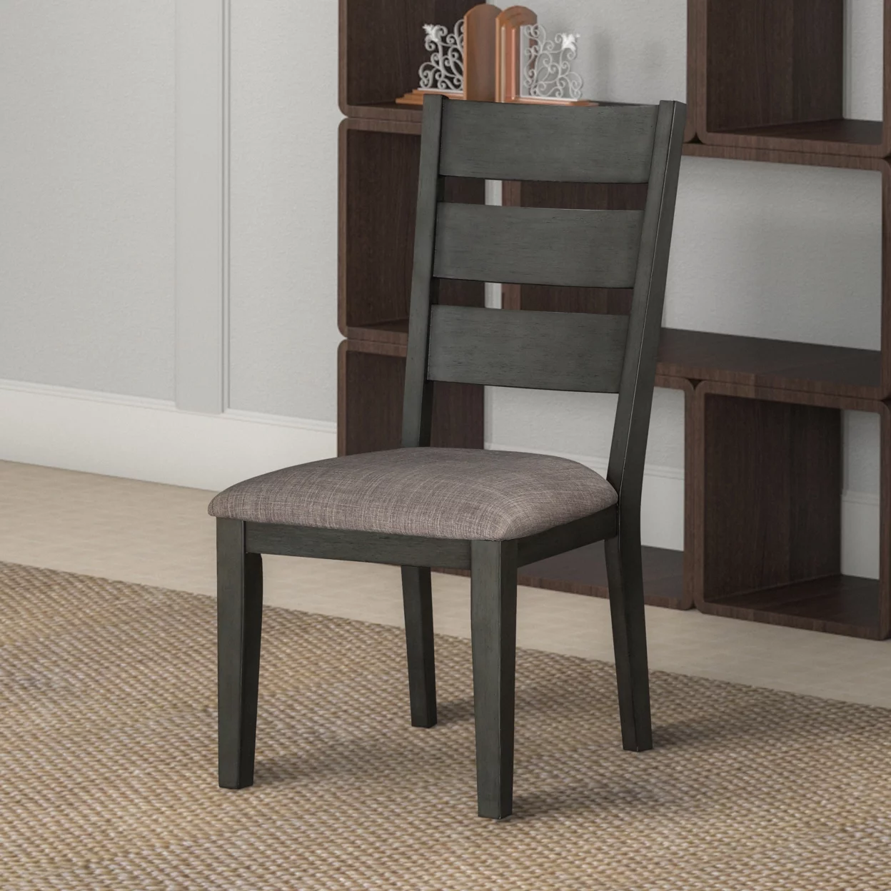Benjara Transitional Wooden Side Chair, Fabric Padded Seat, Set of 2, Gray