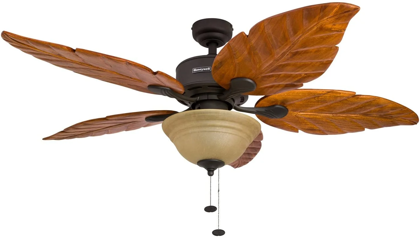 RUO Willow View, 52 Inch Tropical Indoor Ceiling Fan with No Light, Pull Chain, Three Mounting Options, Hand Carved Wooden Leaf Blades - 50501-01 (Bronze)