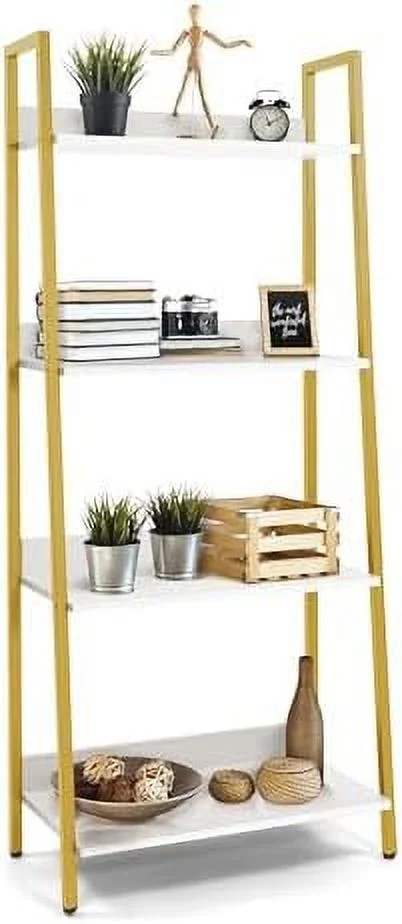 NLTBONNIE 5 Tier Ladder Bookshelf  24 Inch Width Free Standing   Bookcase   Rack Organizer  Industrial Book Shelves for Home Office  Living Room  Kitchen  White  Vintage Shelves