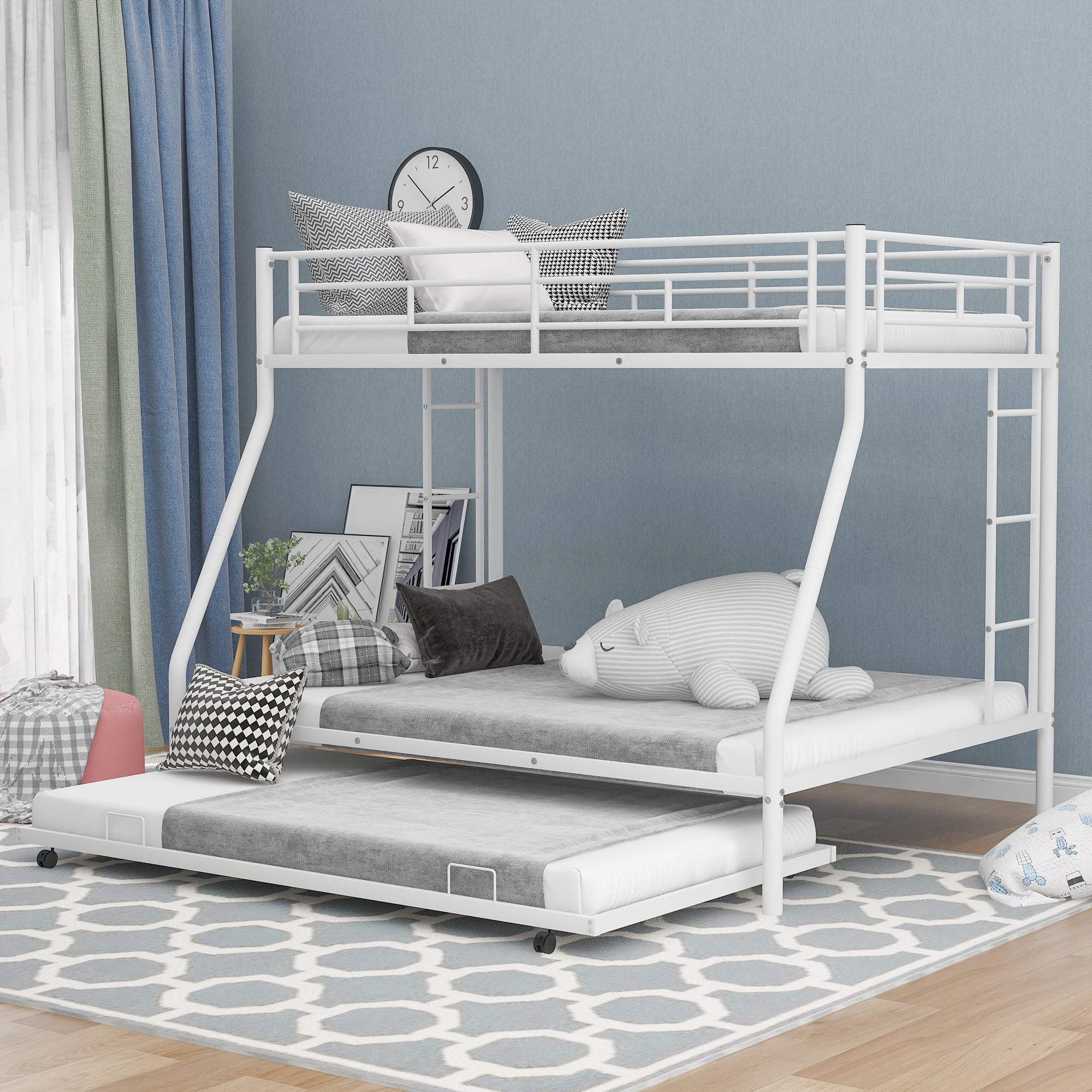 Twin-Over-Full Bunk Bed with Twin Size Trundle Modern Style Bed with Two-Side Ladders Classic Metal Bunk Bed for Bedroom, Dorm, Boys, Girls, Adults(White,Twin over Full)