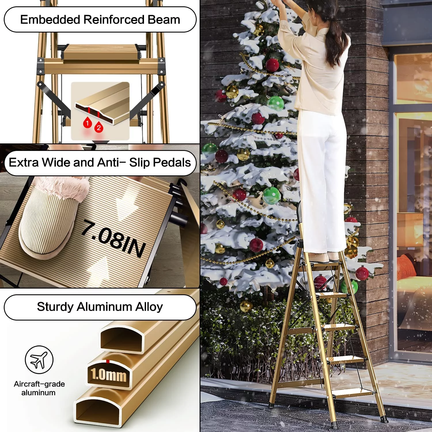 6 Step Ladder, Aluminum Folding Step Stool with Anti-Slip Sturdy and Wide Pedal, Portable Lightweight Stepladder with Convenient Handgrip for Home, Office, Kitchen Use Light Gold, 330 lbs