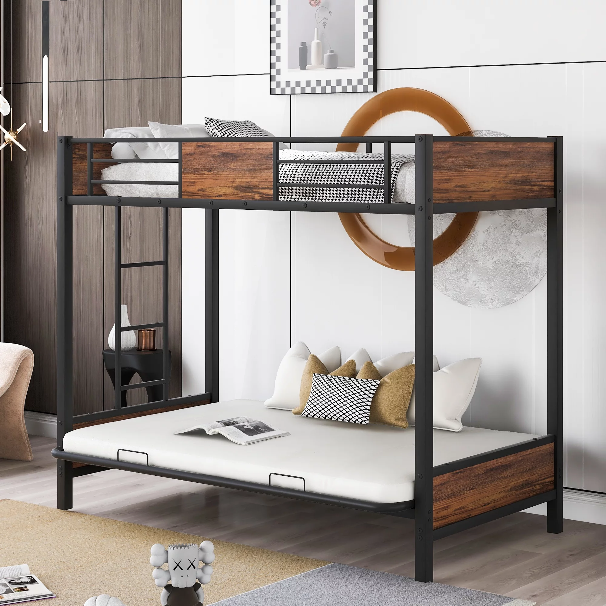 Churanty Twin Over Futon/Full Bunk Bed, Bed Frame with Sturdy Steel Frame, Convertible Metal Bunk Bed Couch and Bed with Guard Rail Ladder for Kids Adults Teens,Black