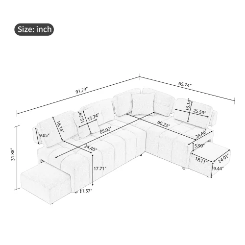JHOOTUUO 91.73” L-shaped Sofa Sectional Sofa Couch with 2 Stools and 2 Lumbar Pillows for Living Room  Biege