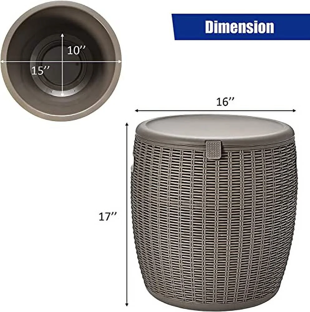 Safstar Outdoor Cooler Table, 9.5 Gallon Ice Cool Table w/Top Lid, Side Handle, Drainage Plug, Weather-Resistant Wicker Rattan Round Ice Bucket for Cocktail Beer Wine in Patio Party Pool