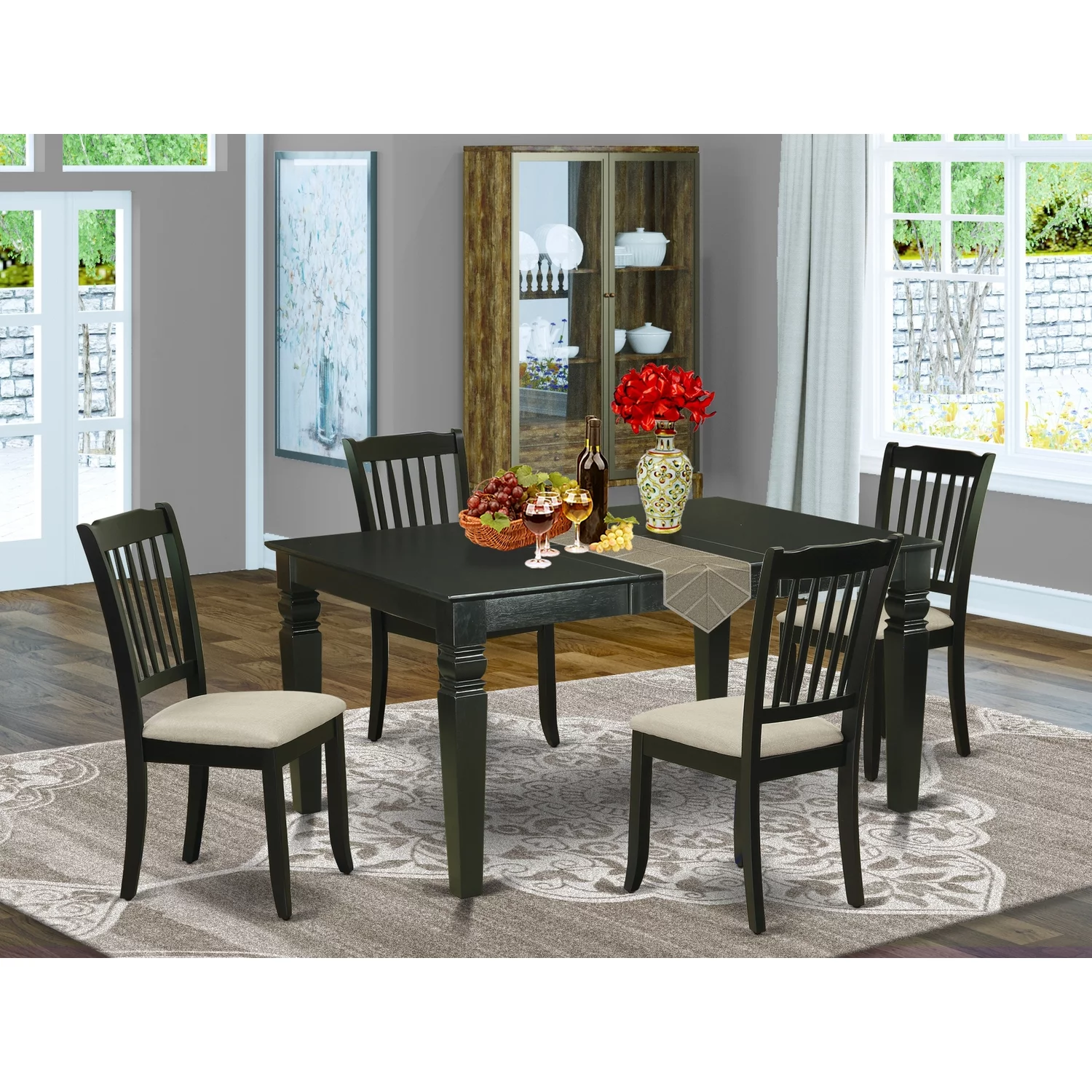 East West Furniture Weston 5-piece Wood Dining Set with Cushion Seat in Black