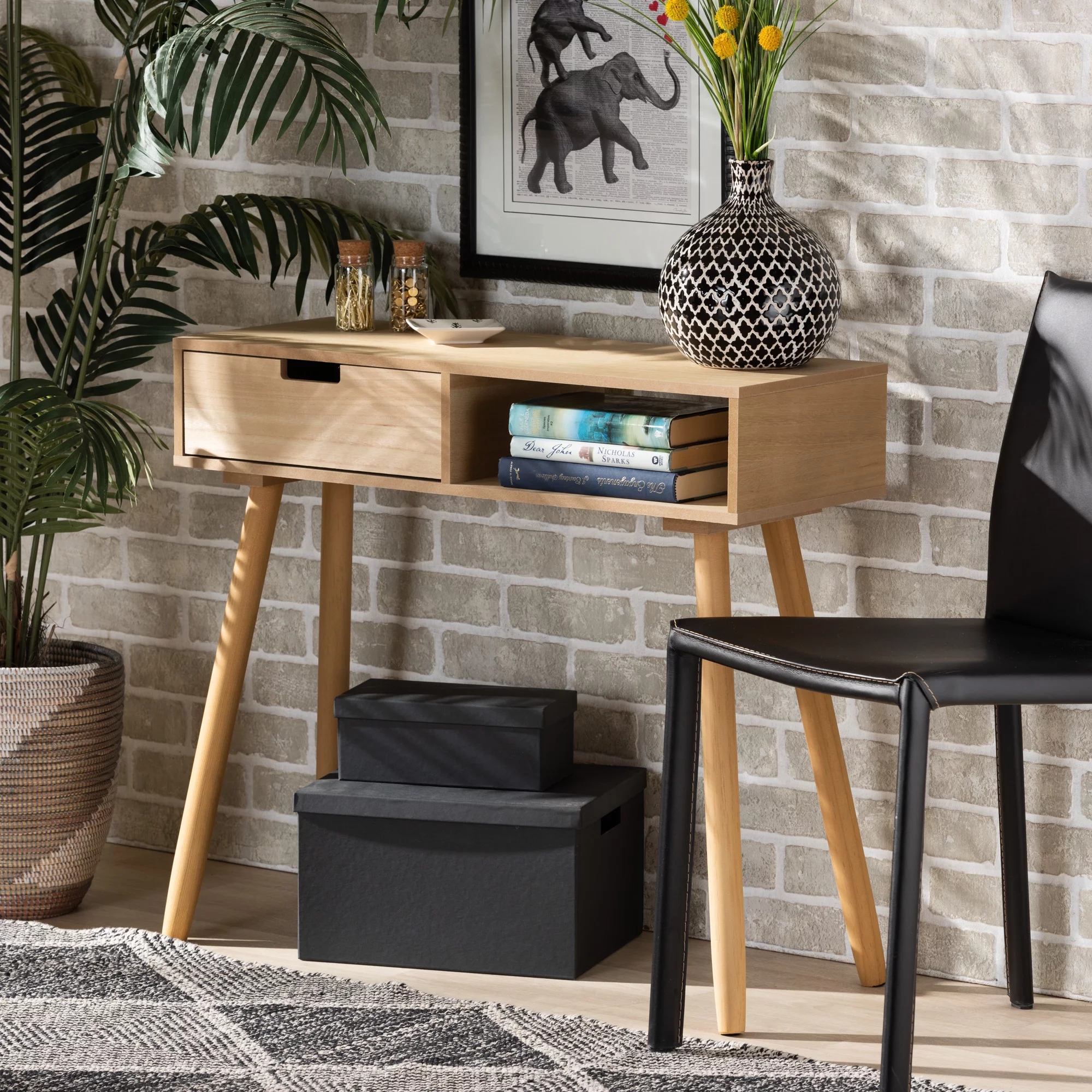 Baxton Studio Elwyn Mid-Century Wood 1 Drawer Console Table, Natural