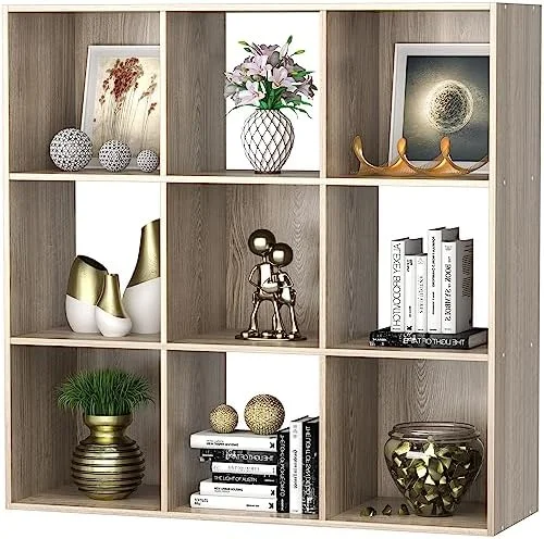 TJRUOPG 9 Cube  Organizer  with 5 Removable Back Panels Freestanding 3-Tier Open Wood Bookshelf for Home  Office  Bedroom  Living Room