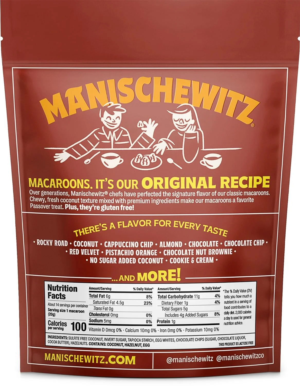 Manishewitz Hazelnut Chocolate Chip Macaroons, 10oz (2 Pack) | Coconut Macaroons | Resealable Bag | Dairy Free | Gluten Free Coconut Cookie | Kosher for Passover