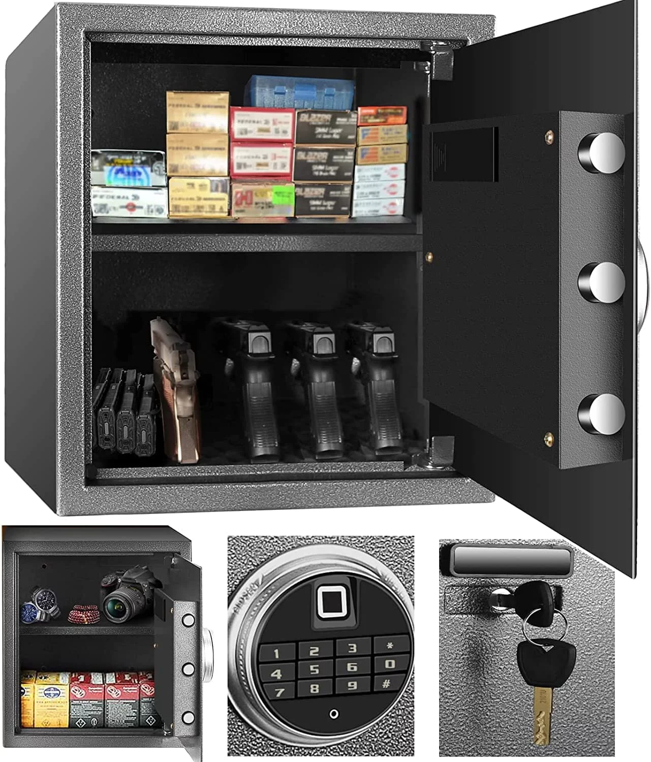 Security Biometric Safe Box, Steel Lock Box hand Gun Safe with Fingerprint Keypad Access - Perfect for Home/Office/Hotel, Secure Pistols, Documents, Jewelry, Valuables - 13.75 x 13 x 15 Inches