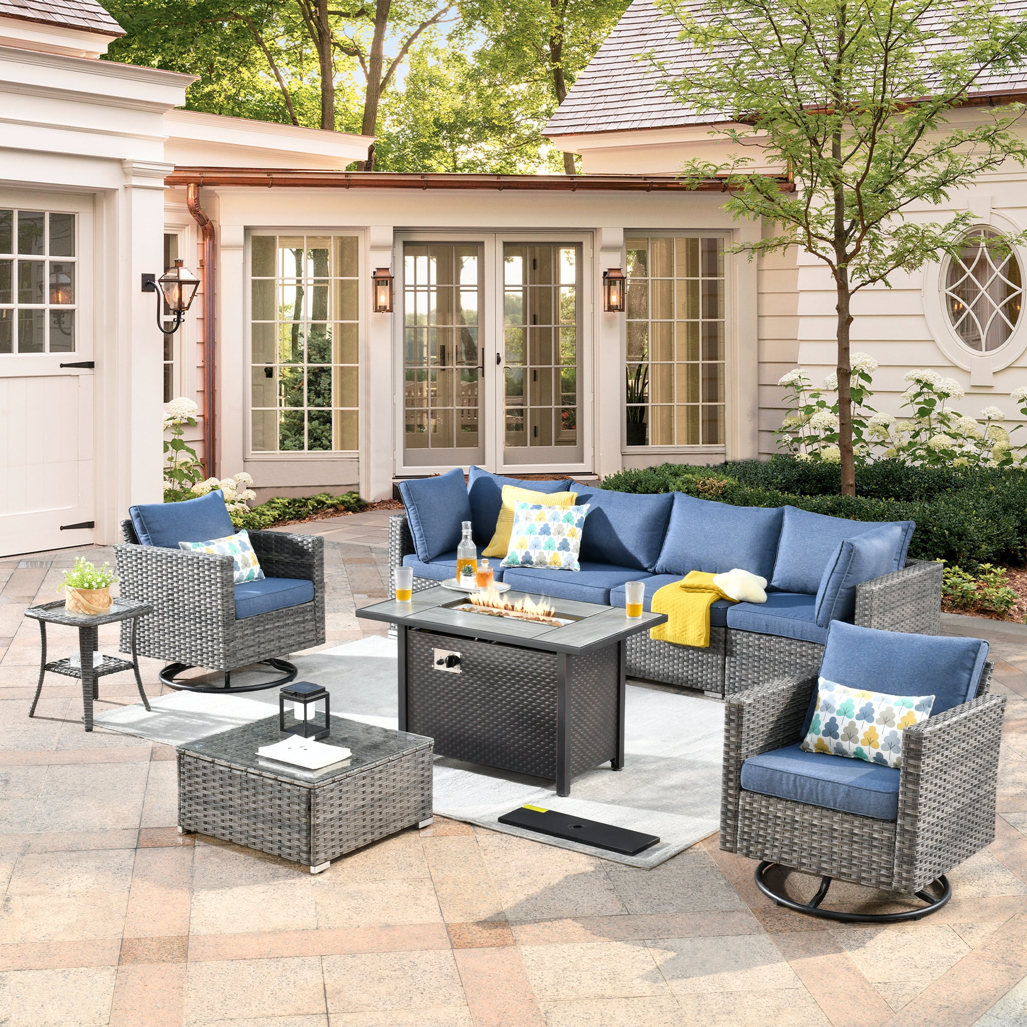 Ovios 9 Pieces Patio Fire Pit Set Outdoor Wicker Sectional Sofa Conversation Set with Swivel Rocking Chairs,Denim Blue