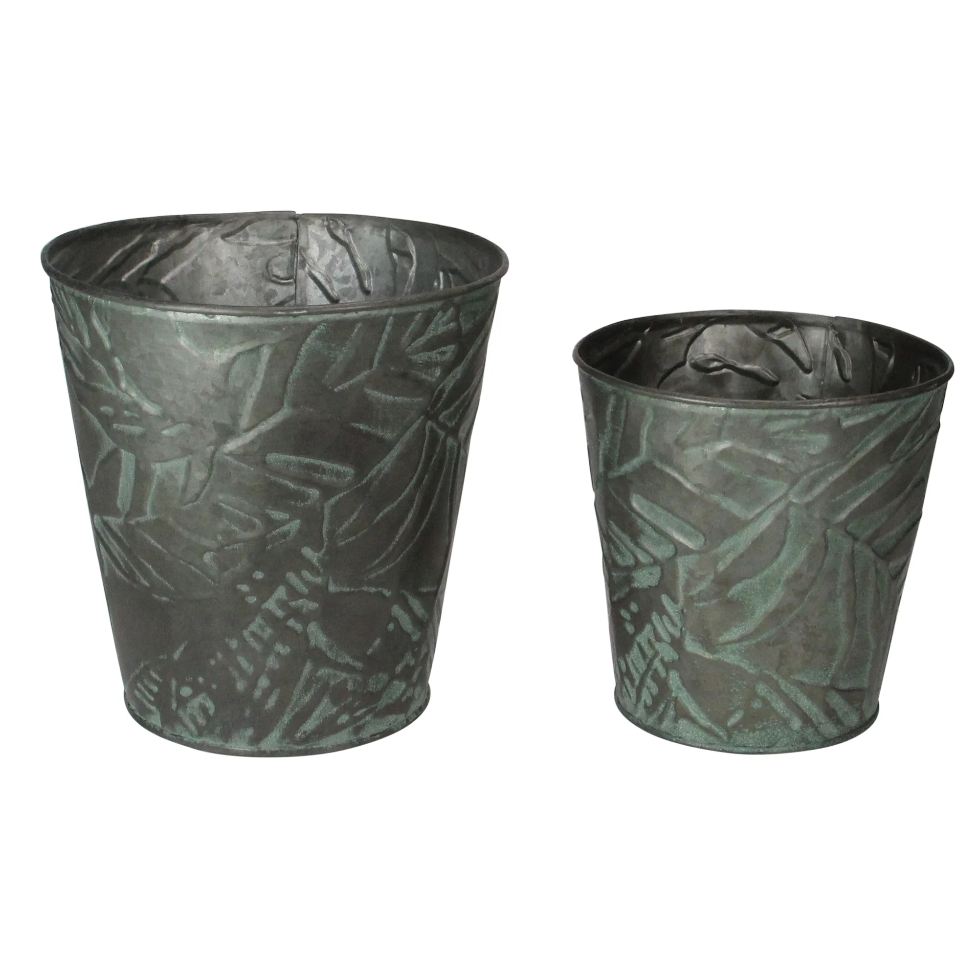 Set of 2 Patina Leaf Motif Planter Buckets 11