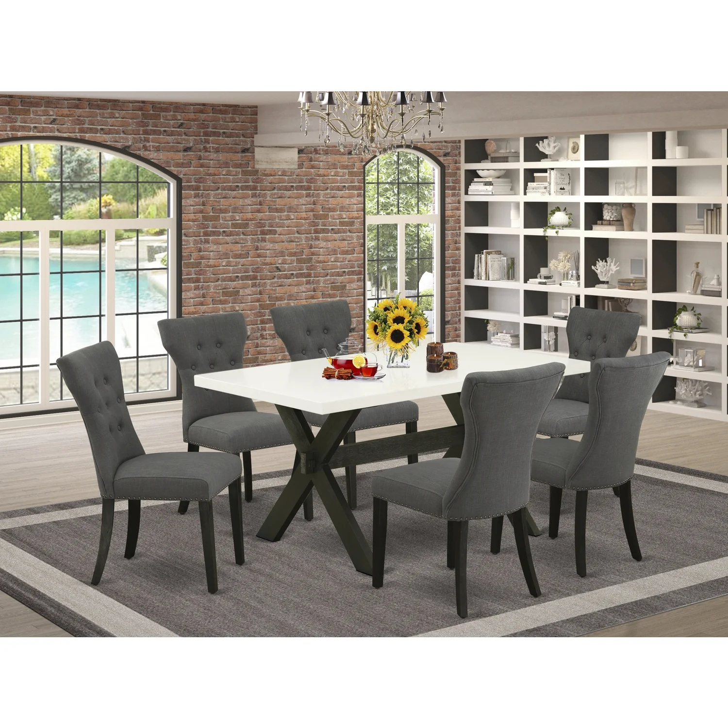 HomeStock Lakefront Luxury - 7-Piece Modern Dining Table Set - 6 Kitchen Parson Chairs And A Rectangular A Rectangular Table Solid Wood Frame