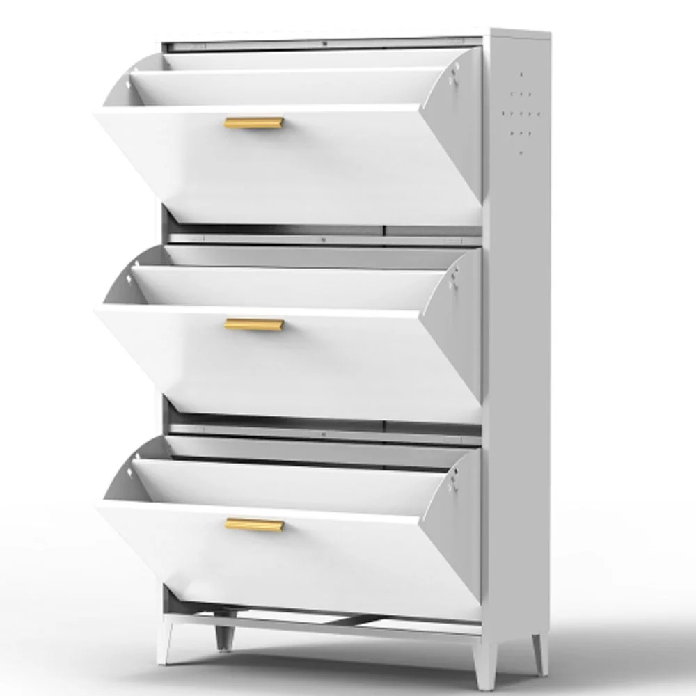 3 Drawer All Steel Shoe Cabinet, Freestanding Shoe Rack Storage Organizer with Flip Door, Modern Tipping Bucket Shoe Cabinet - White
