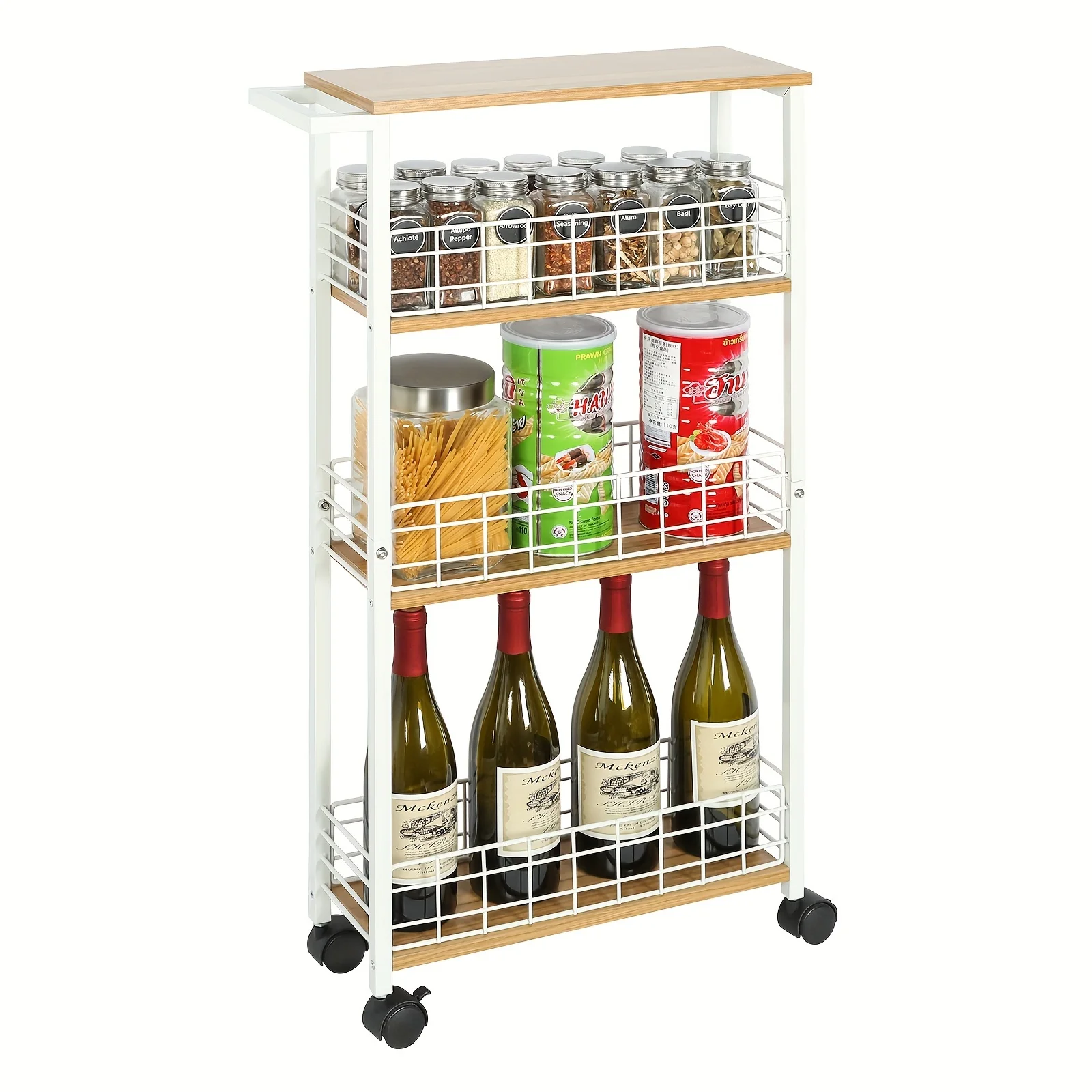 1pc 4 Tier Slim Storage Cart For Small Spaces, Mobile Rolling Cart With Wheels, Slide Out Storage Utility Shelves With Wooden For Bathroom, White