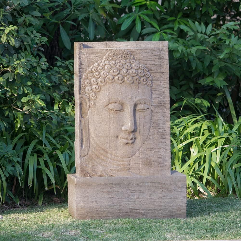39 Inch High Sandstone Buddha Water Fountain With Light - For Indoor Outdoor Large Zen Decor, Yard, Garden, Patio, And Home ation, Large Buddha Fountain Outdoor